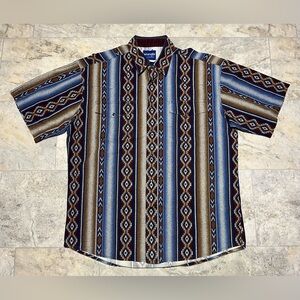 VTG Wrangler Multi Color Aztec Print Pearl Snap Short Sleeve Shirt Mens Large